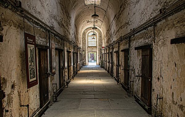 The hallway of Eastern State Penitentiary, one of the most haunted prison in the US.