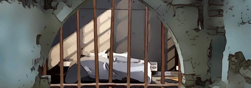 An illustration of a prison cell with a recently deceased inmate.