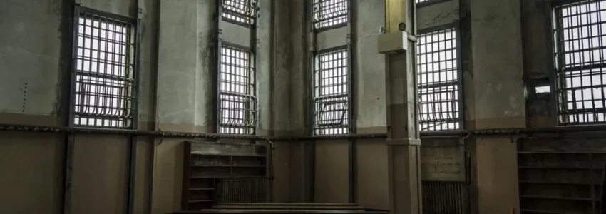 The great hall of an abandoned haunted prison in the US.