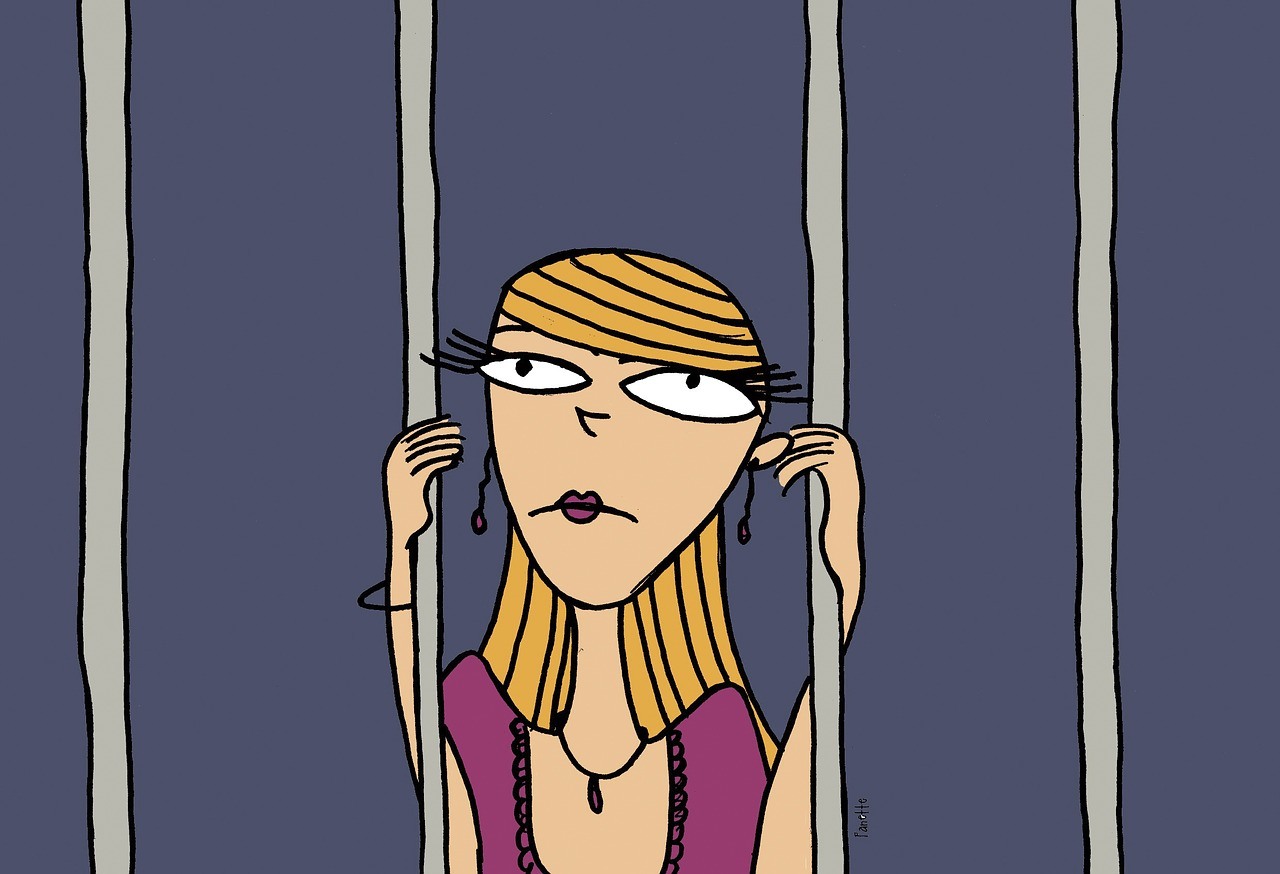 A caricature of a woman standing behind prison bars.