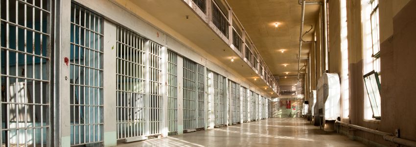 An empty prison hallway.