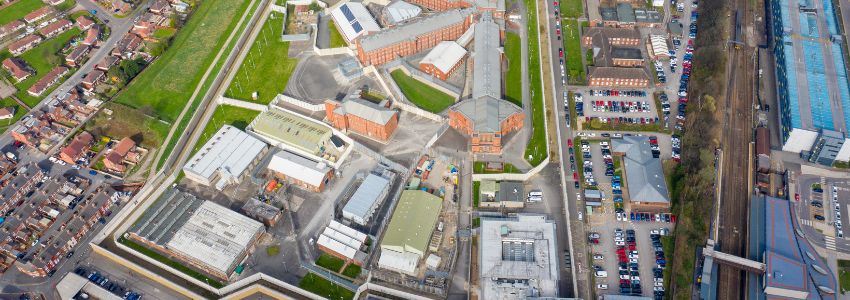 An arial view of a prison complex in England.