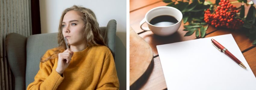 blonde lady thinking with a pen in the mouth and a pen and paper