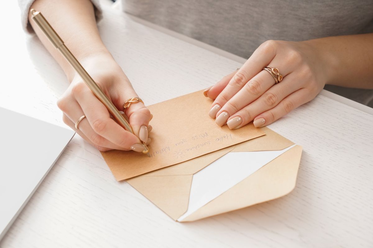 A woman is writing a letter to an inmate.